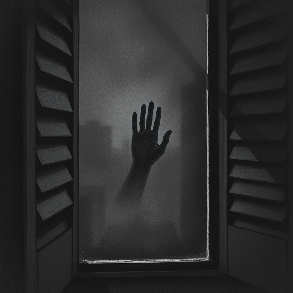 Dark charcoal horror illustration, vertical framing, close view of a wooden shut