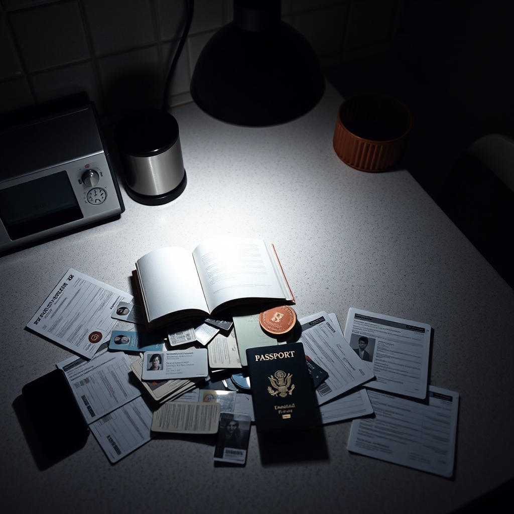 A dim modern kitchen counter with an open passport, scattered identity cards, an