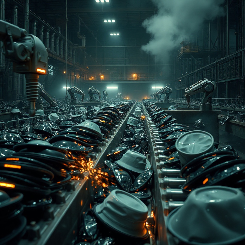 A massive recycling facility at night, conveyors carrying thousands of discarded