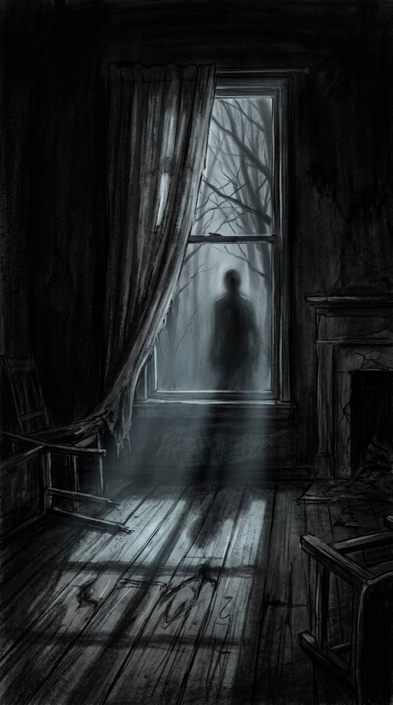 Dark charcoal horror illustration, vertical framing inside a dim cabin living ro