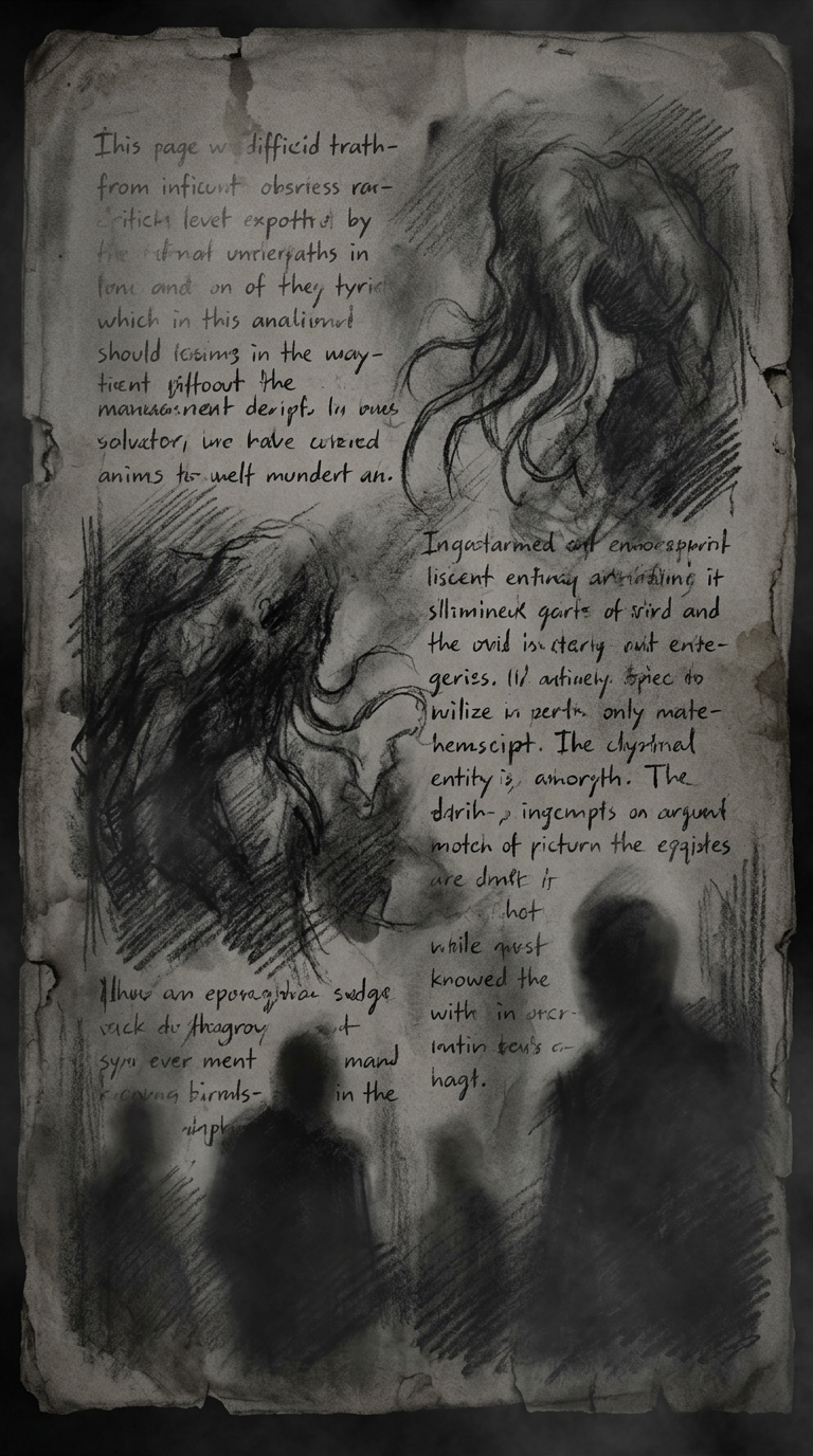 An old manuscript detailing a mysterious entity, with sketchy incomplete drawing