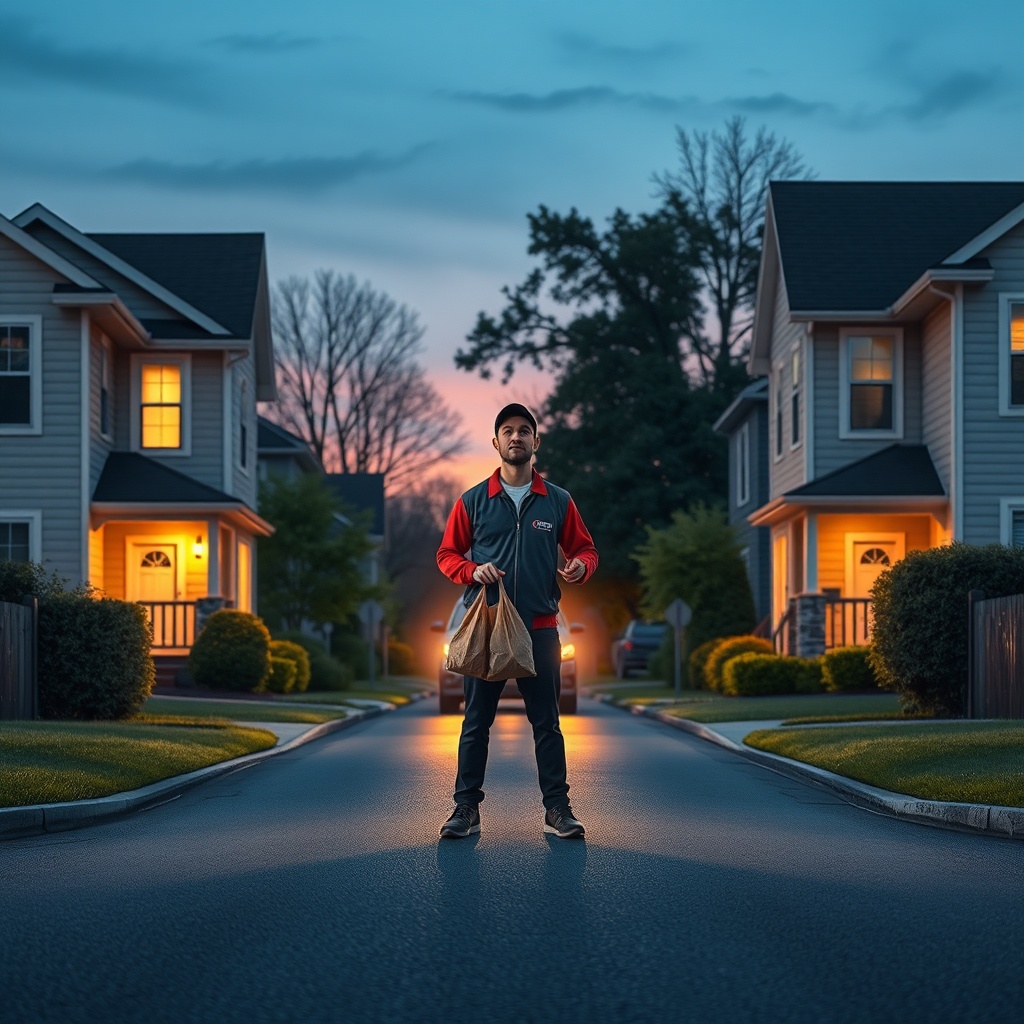 A suburban street at dusk with two similar-looking houses side by side; a delive
