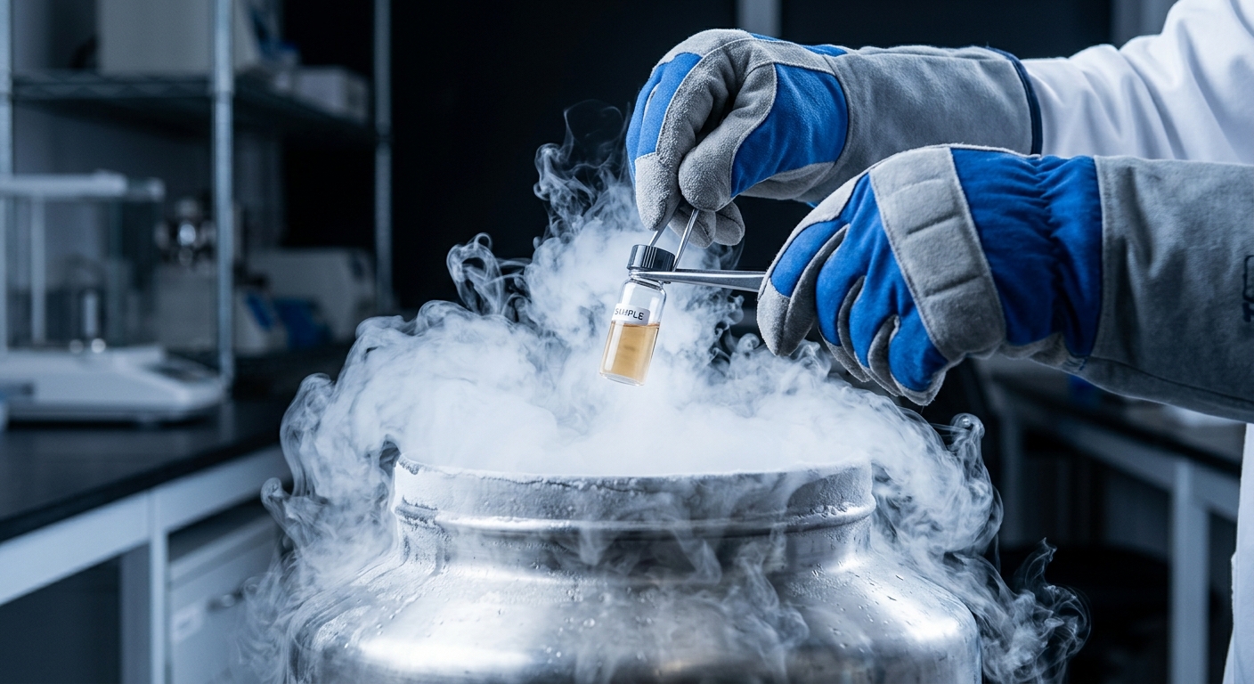 A pair of gloved hands lowering a small vial into a swirling vapor cloud above a