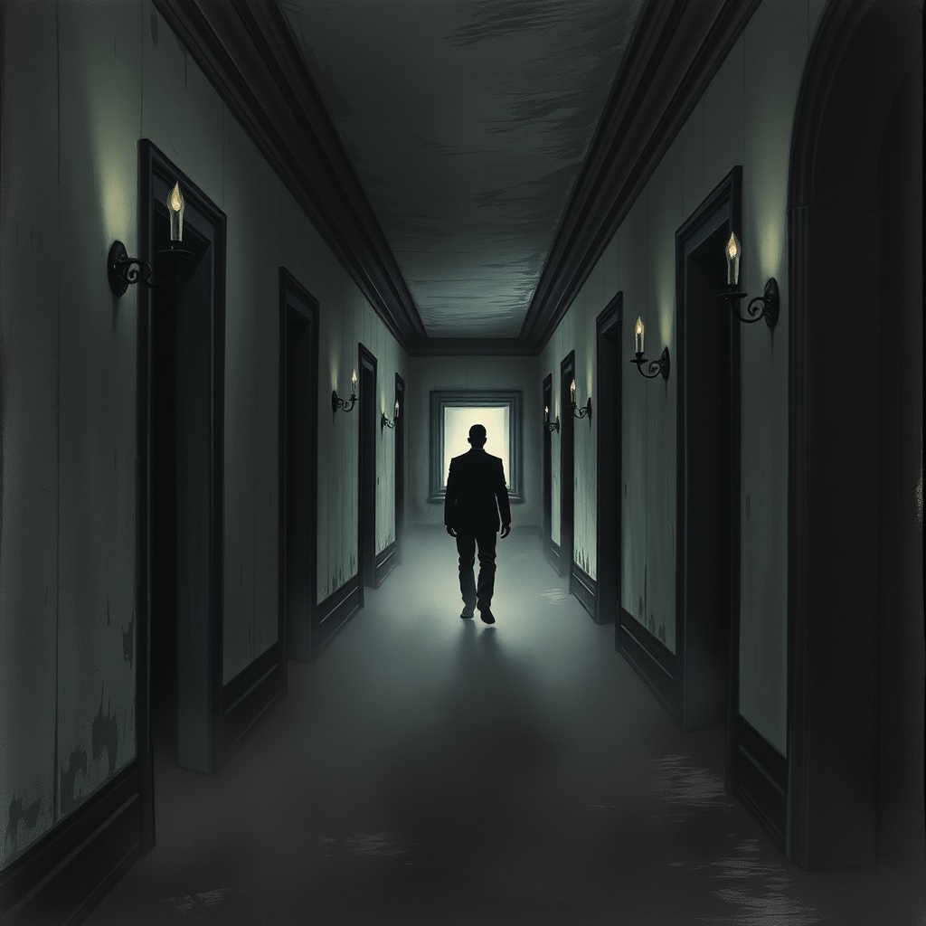 Dark charcoal horror illustration of an old hotel corridor with peeling paint an
