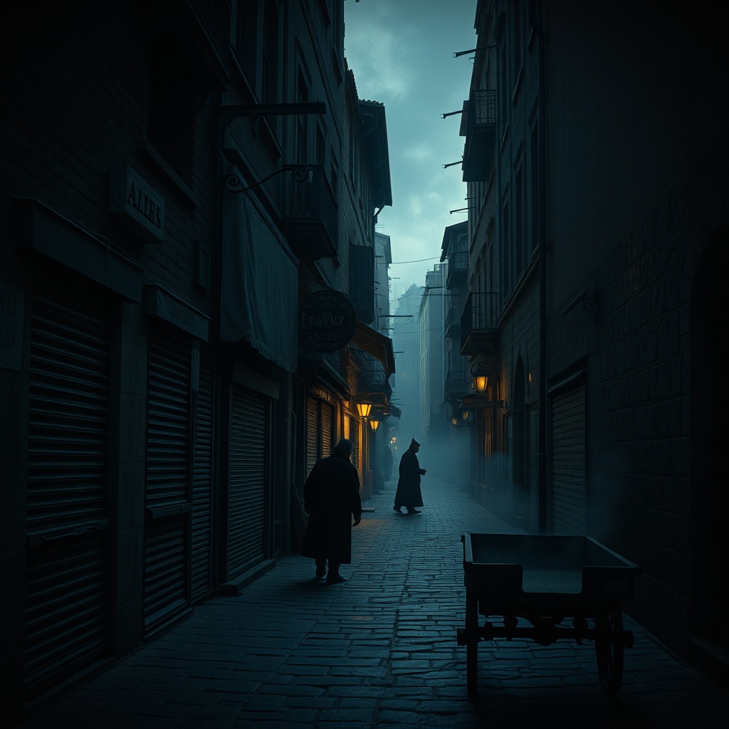 A narrow stone street in Constantinople at dusk with shuttered shops, an abandon
