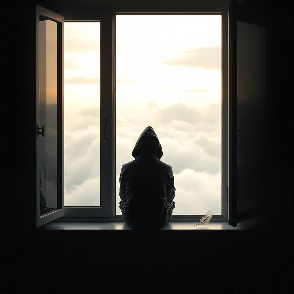 A solitary figure in a hoodie sitting on a windowsill looking out at early morni