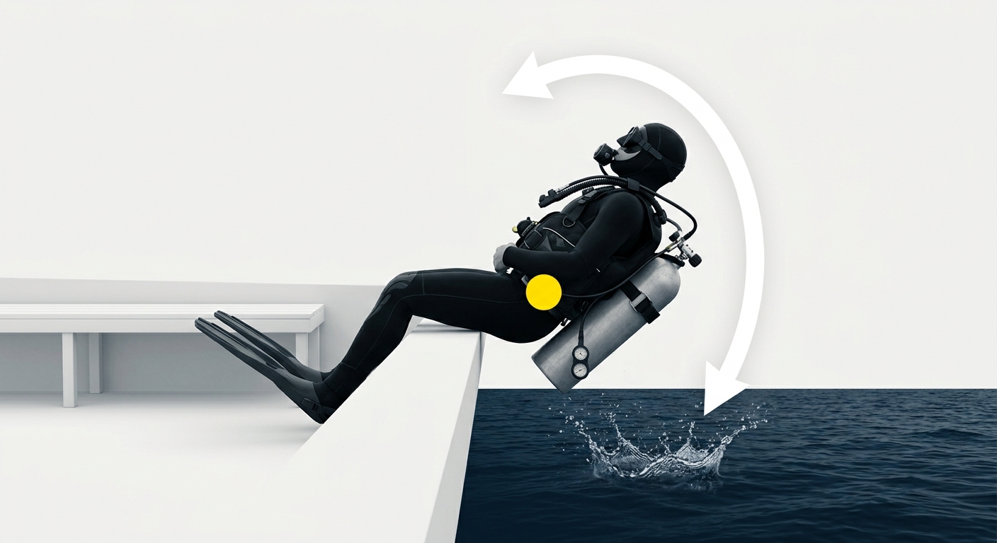 Minimalist side view of a diver on a boat bench with a scuba tank and hoses, wit