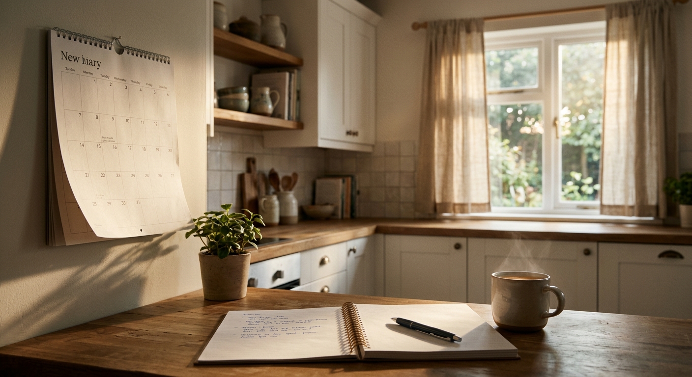 Morning light spilling onto a simple kitchen counter, a calendar page partially 