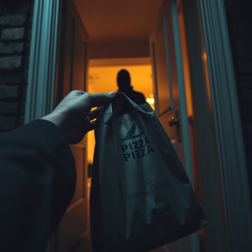 A tense doorstep scene from a low angle: a delivery driver’s hand holding a pizz
