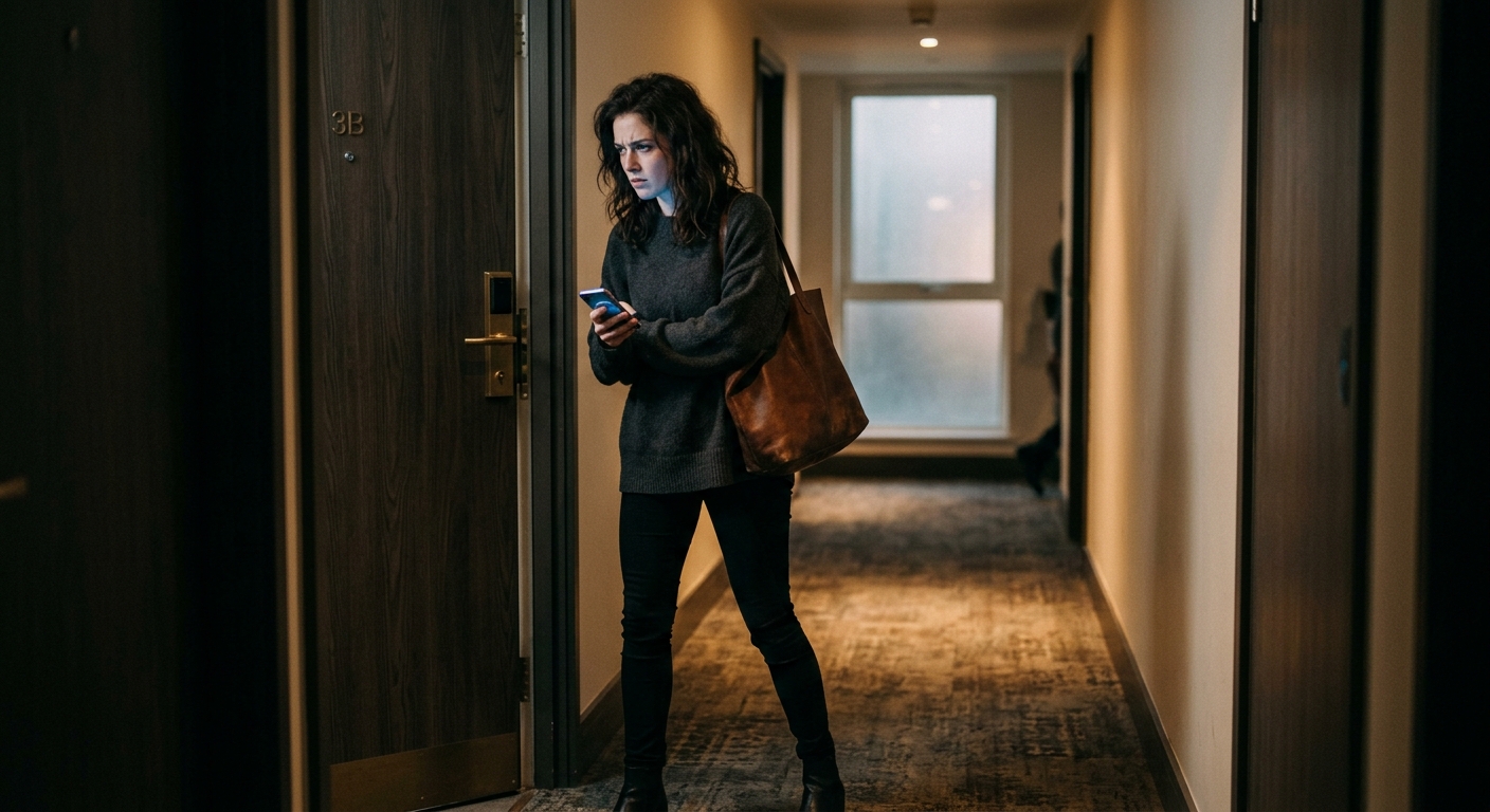 A woman stepping out of the apartment door, the hallway outside bathed in the so