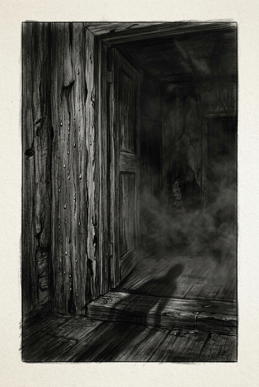 Dark charcoal horror illustration of an old wooden doorframe in close-up, drople