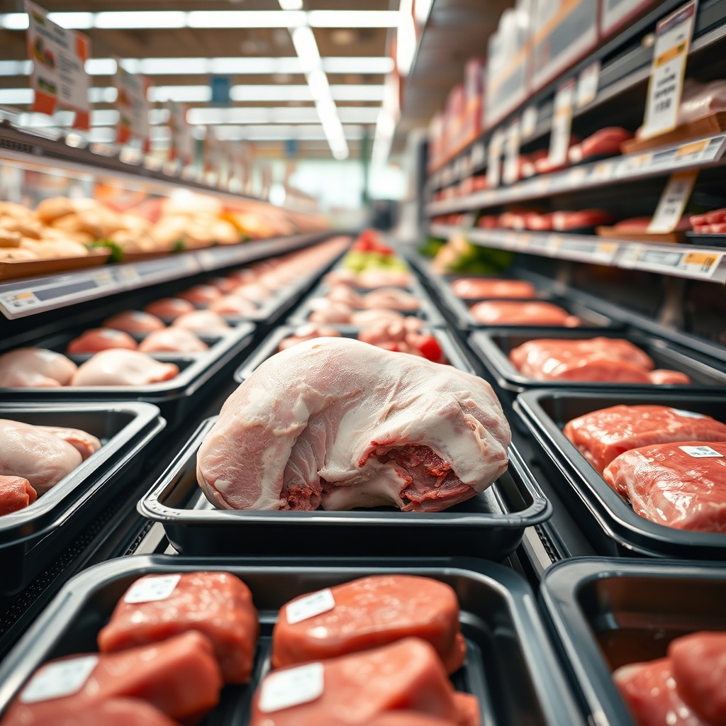 A supermarket meat case shot from the side with a single tray of lamb in the for