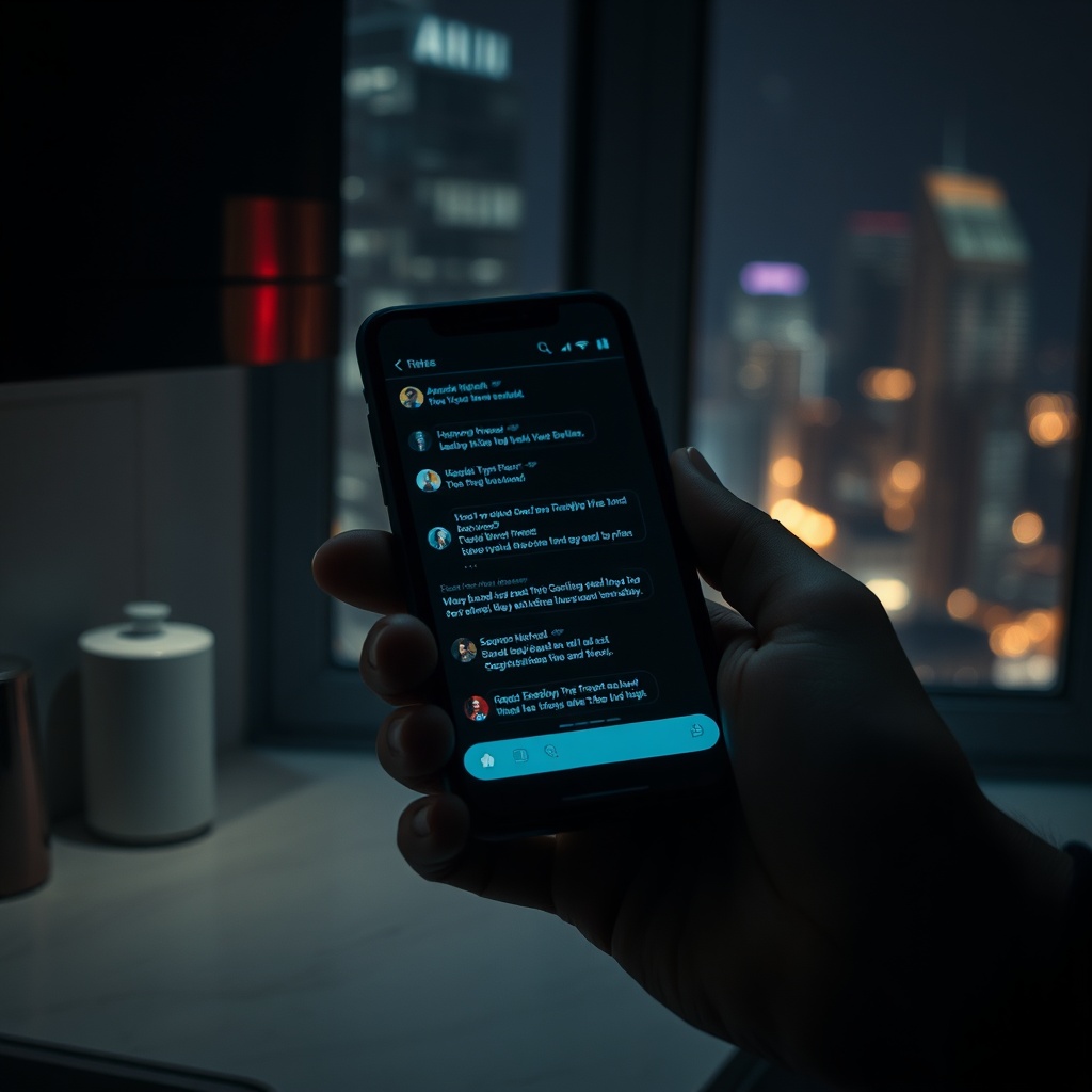 Close-up of a phone in a trembling hand on a kitchen counter, a chat thread visi