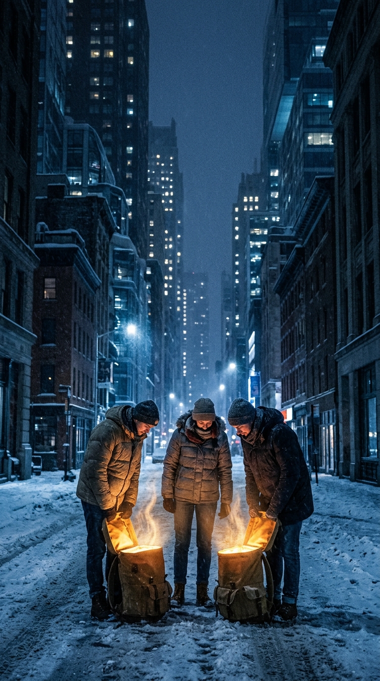 Nighttime vertical cityscape in winter with people standing on a snowy street, s