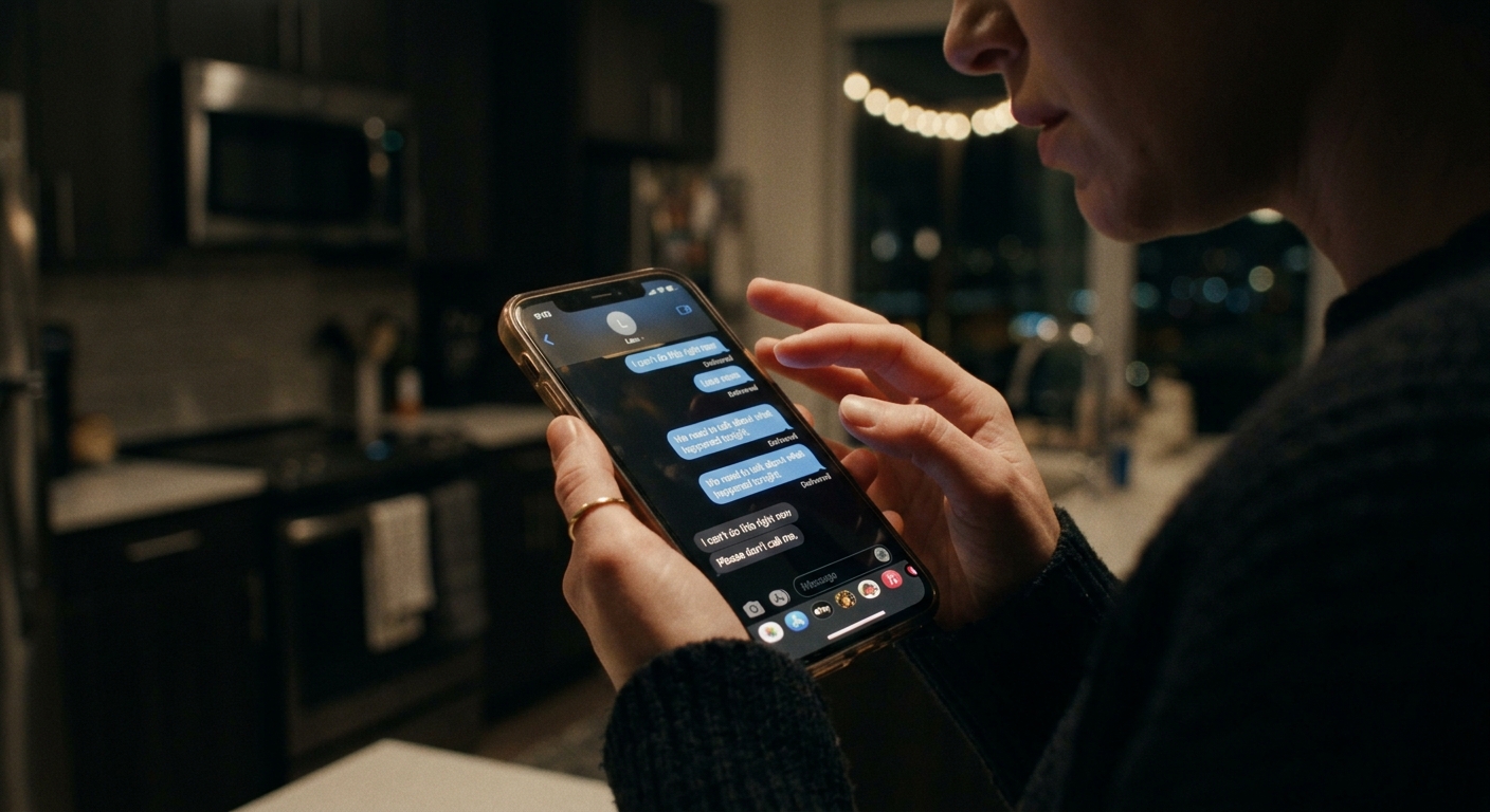 A close-up of a phone screen in a dim kitchen, a text thread open with unread me