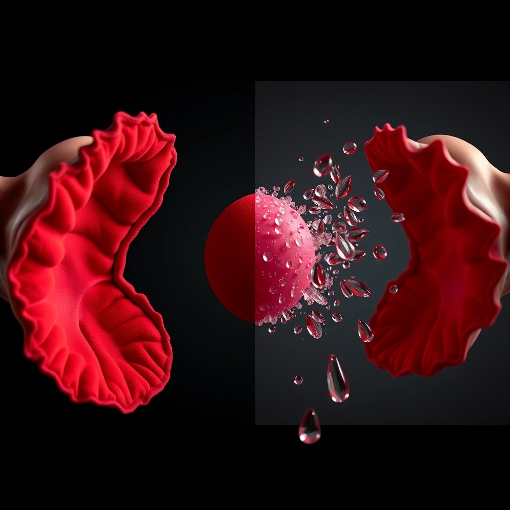 A clean semi-realistic split-screen metaphor: on one side a thick lush red uteri