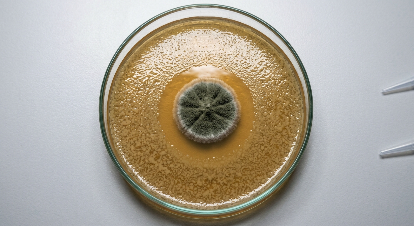 A semi-realistic petri dish on a lab table with a visible clear ring where bacte