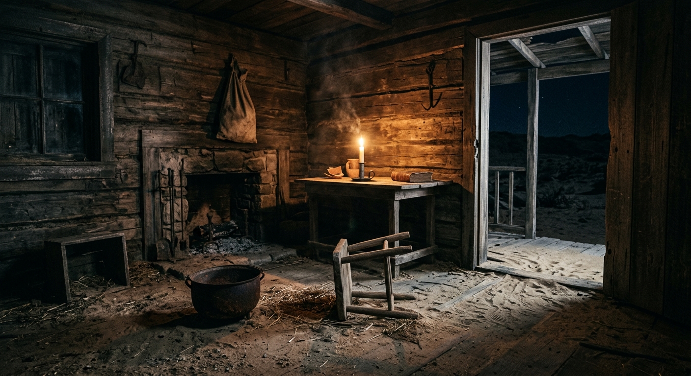 An abandoned colonial cabin interior with a toppled stool, a rusted iron pot, an