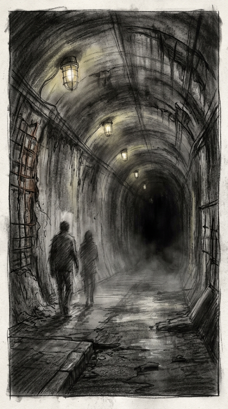 The illuminated interior of a tunnel with deep, ominous shadows towards the far 