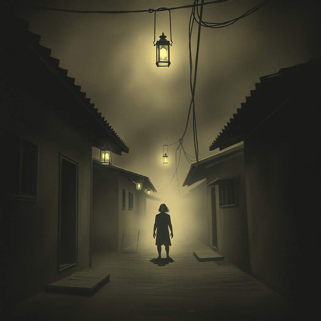 Dark charcoal horror illustration, vertical framing, narrow alley in an old Mala