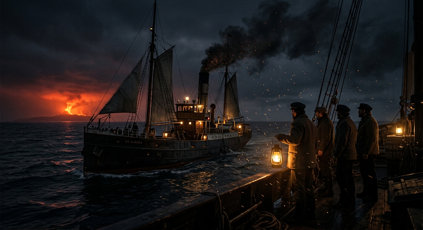 A 19th-century steamship at night on a dark ocean, crew silhouettes on deck look