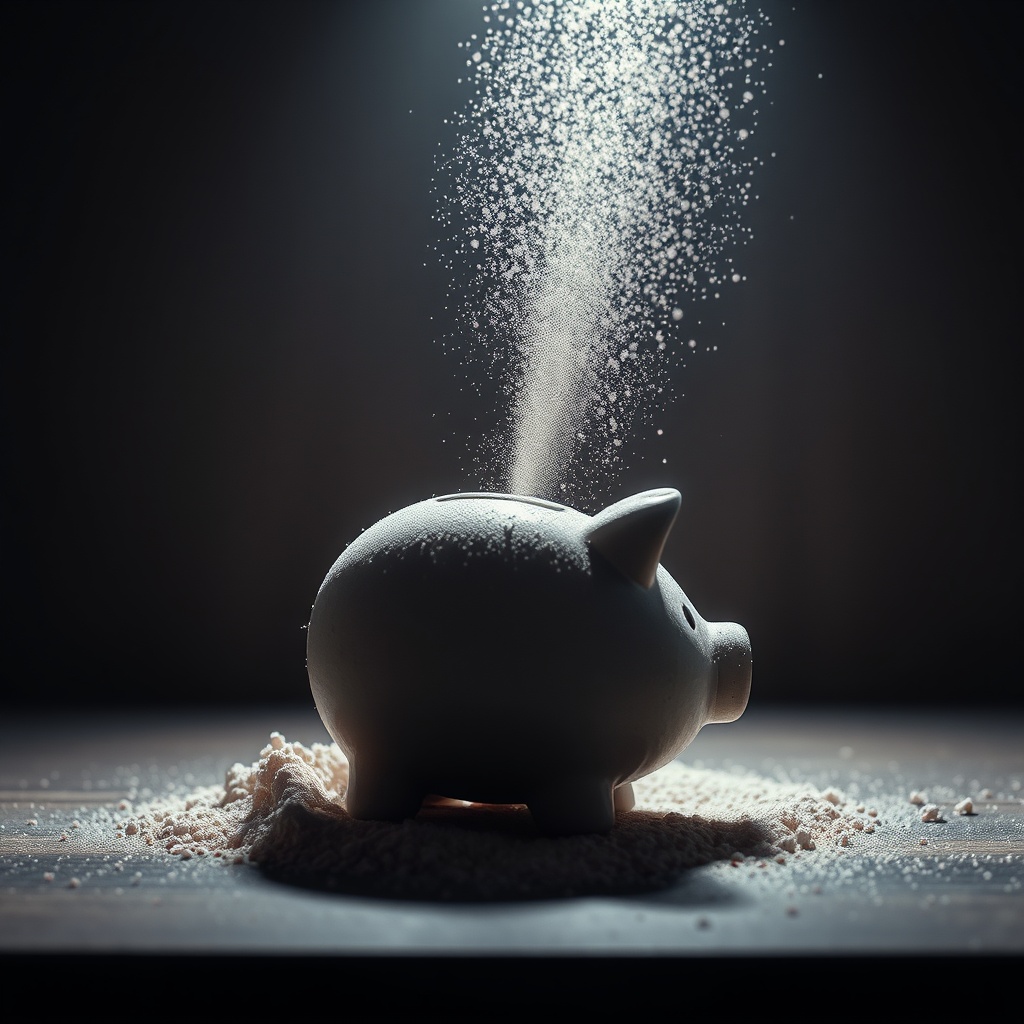 Macro shot of fine ceramic dust drifting off a shrinking piggy bank into a beam 