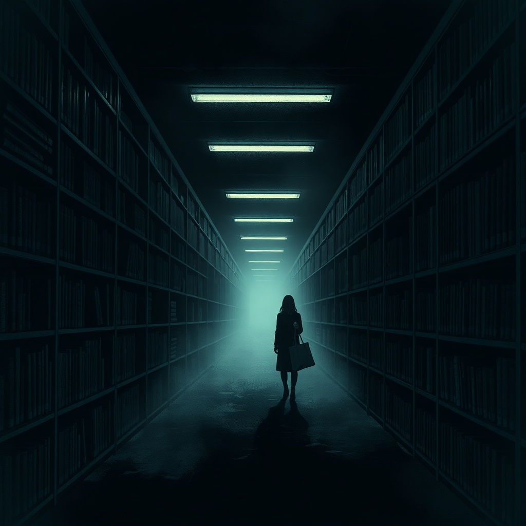 Dark charcoal horror illustration of a narrow library corridor lit by flickering