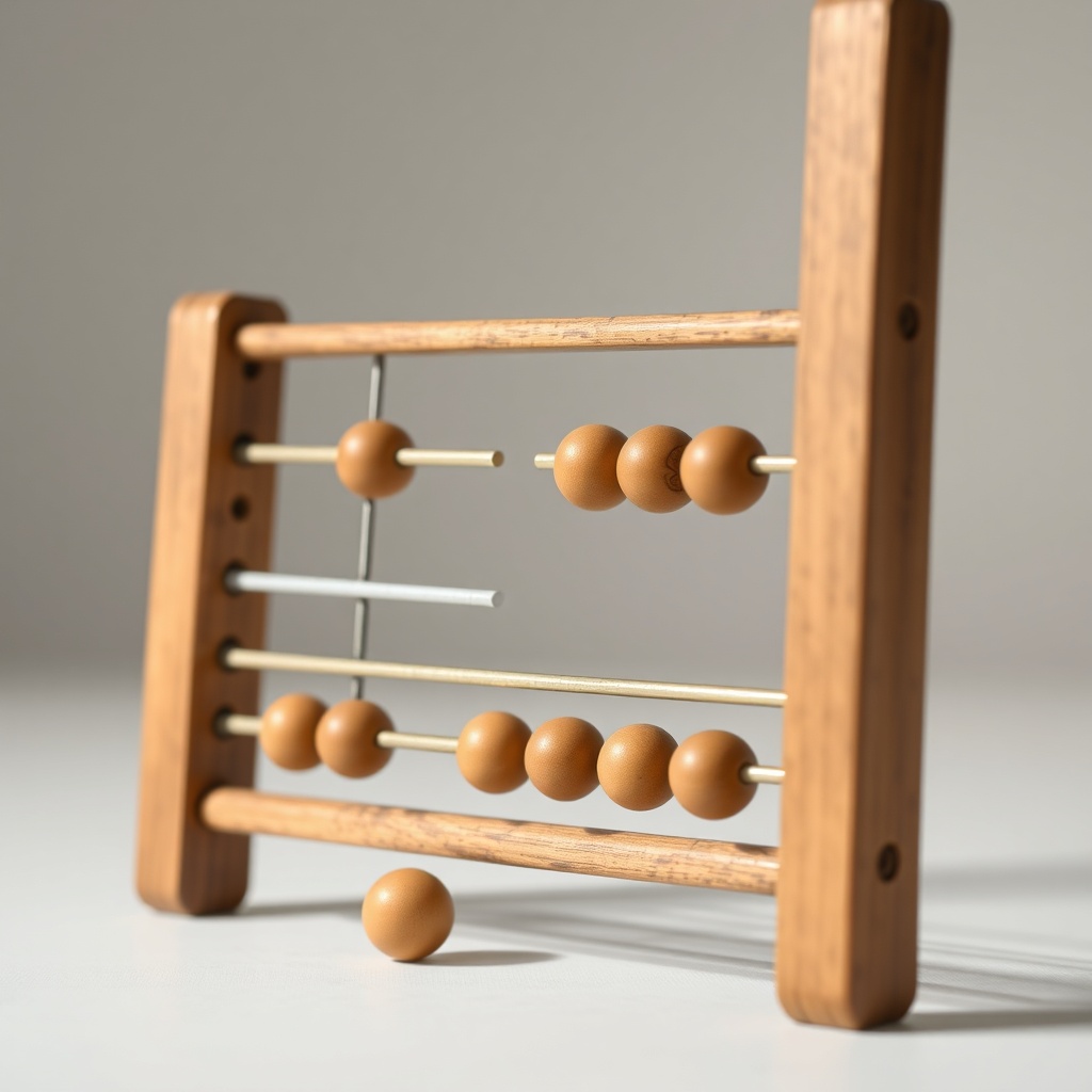 A close-up of an antique wooden abacus with two beads separated from a group of 