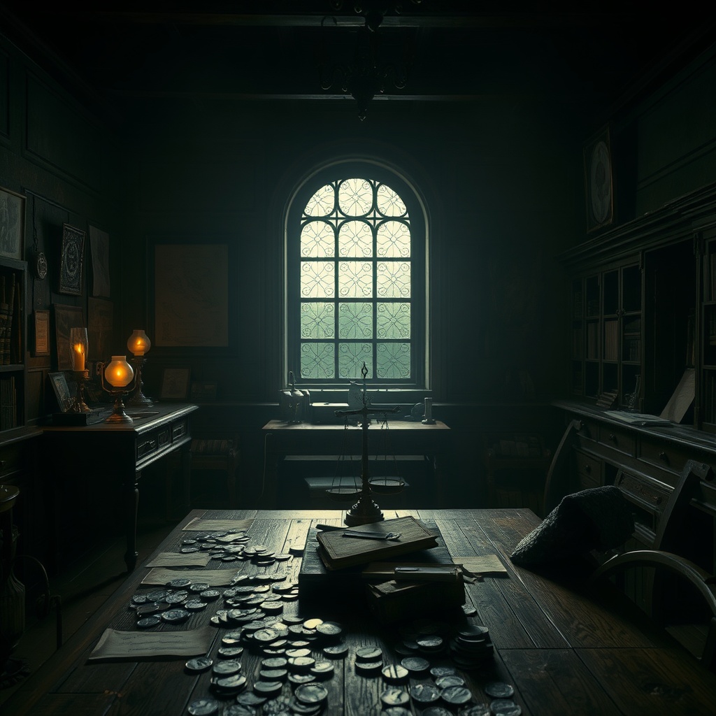 Inside a dim imperial counting room with oil lamps, scattered coins, wax tablets