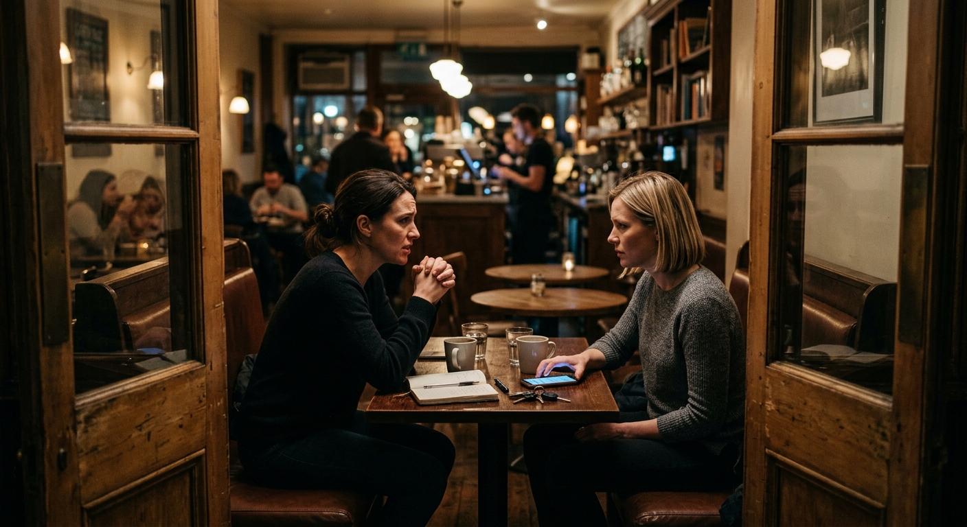 A small, cozy café booth viewed from the doorway, where two women are seated fac