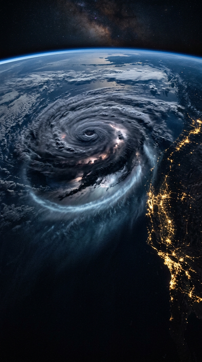 Vertical orbital view of Earth’s night side with a massive storm system over an 