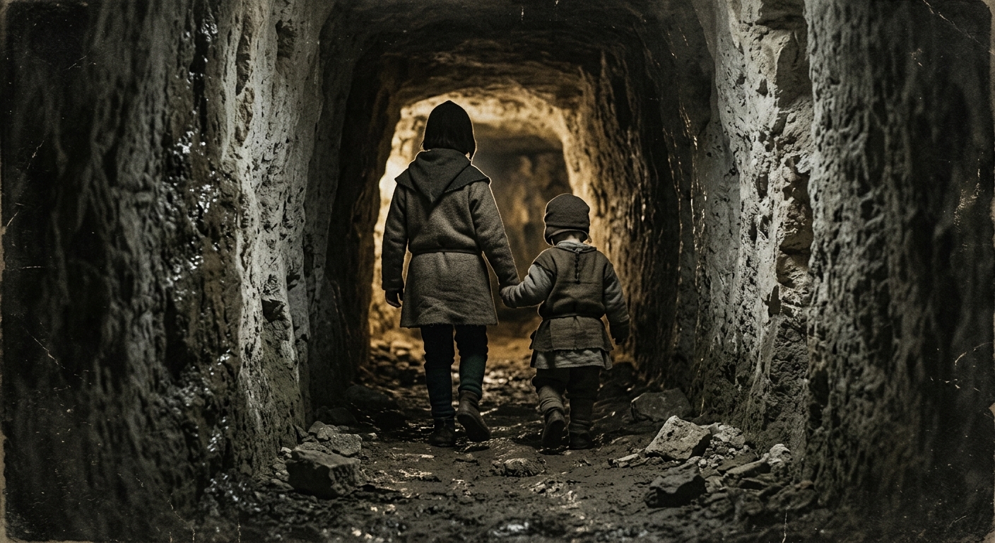 A dim underground chalk passage or cave with damp walls, a faint pool of light a