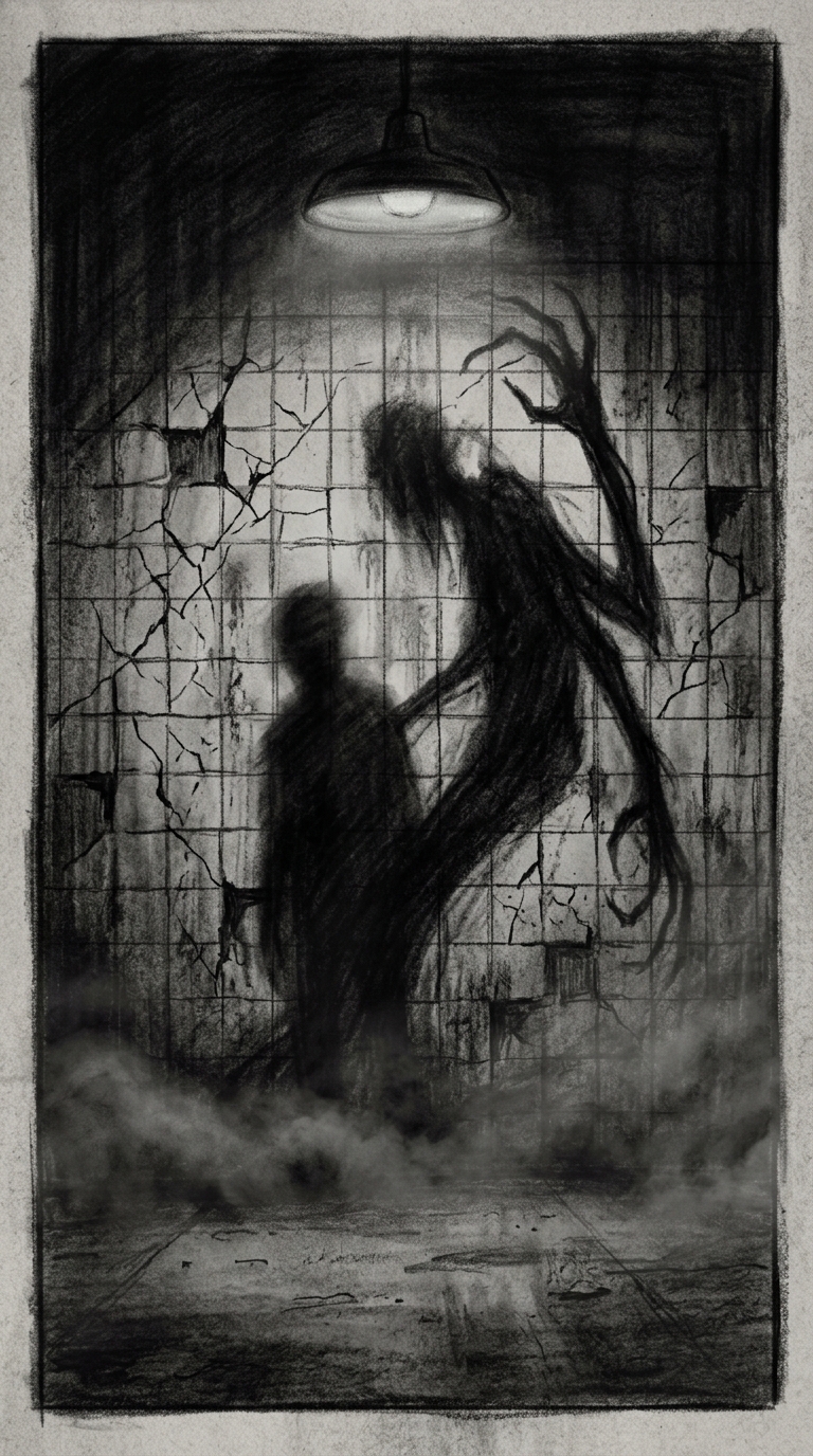 Dark charcoal horror illustration of a close view of two overlapping shadows on 