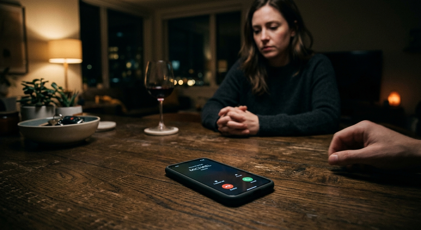 A phone screen lying face up on a table, the caller ID showing ‘Michael’, with a