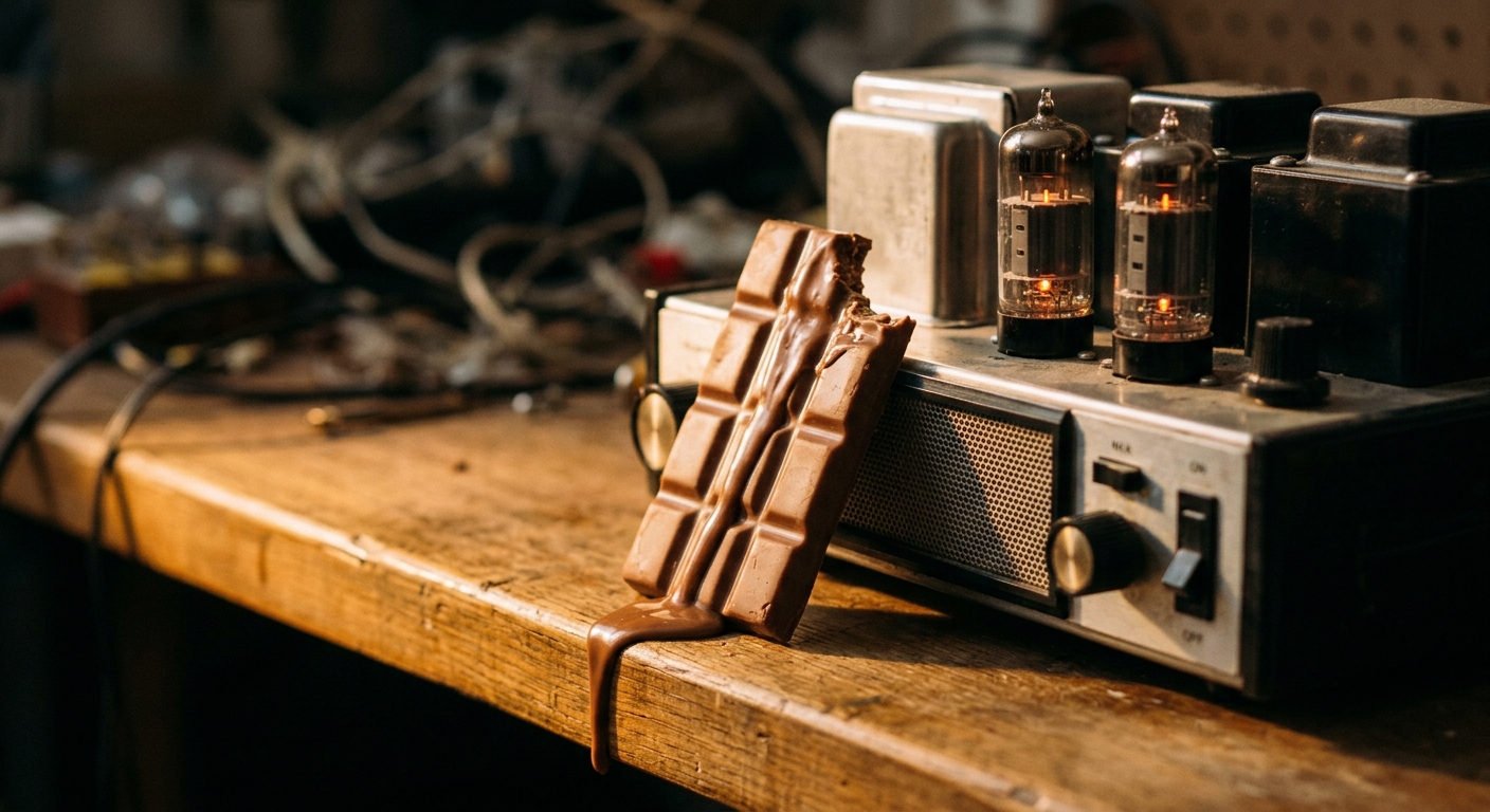 A close-up of a chocolate bar partially melted next to a bulky, retro electronic