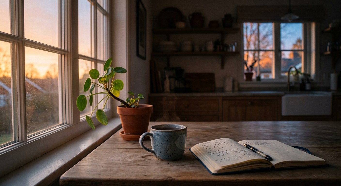 A quiet kitchen table at dawn with a mug of tea, a notebook open, and a small ho