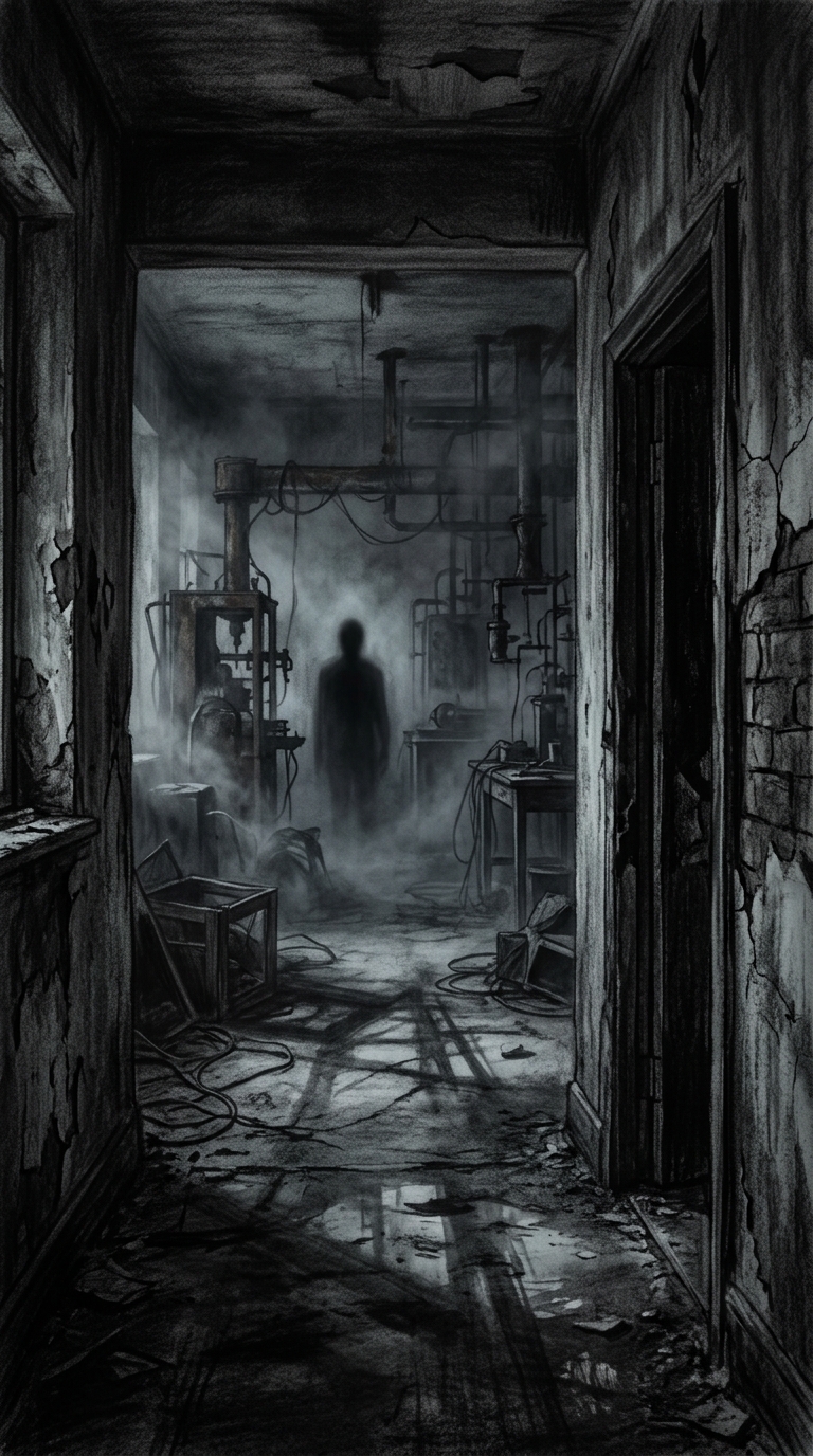 A cold empty room beyond the doorway, faint outlines of forgotten equipment cast