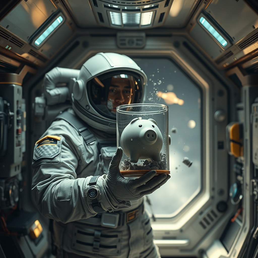 Interior of a space station module with an astronaut in a utilitarian suit holdi
