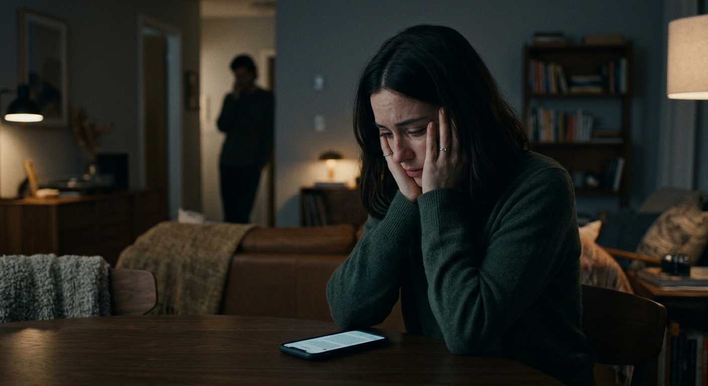 A woman looking utterly heartbroken, her hands resting on her face as she proces