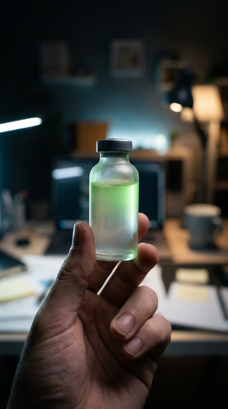 Close up of a hand holding a bottle that gradually shifts from clear to faint gr