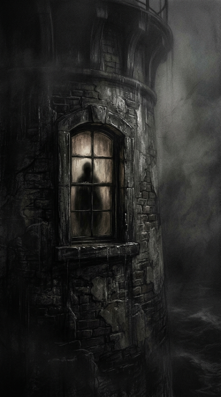 The lighthouse window seen from outside, dimly lit with an indistinct shadowy si
