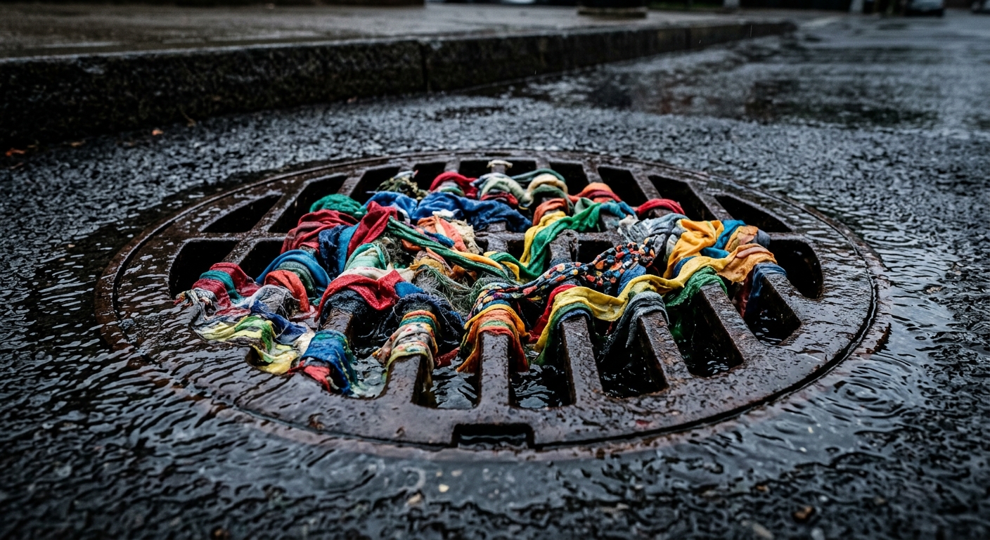 A close up of a clogged storm drain with colorful fabric scraps tangled like sea