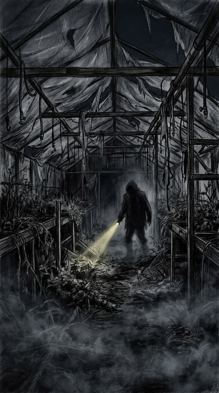 Dark charcoal horror illustration of long greenhouse aisles with hanging irrigat