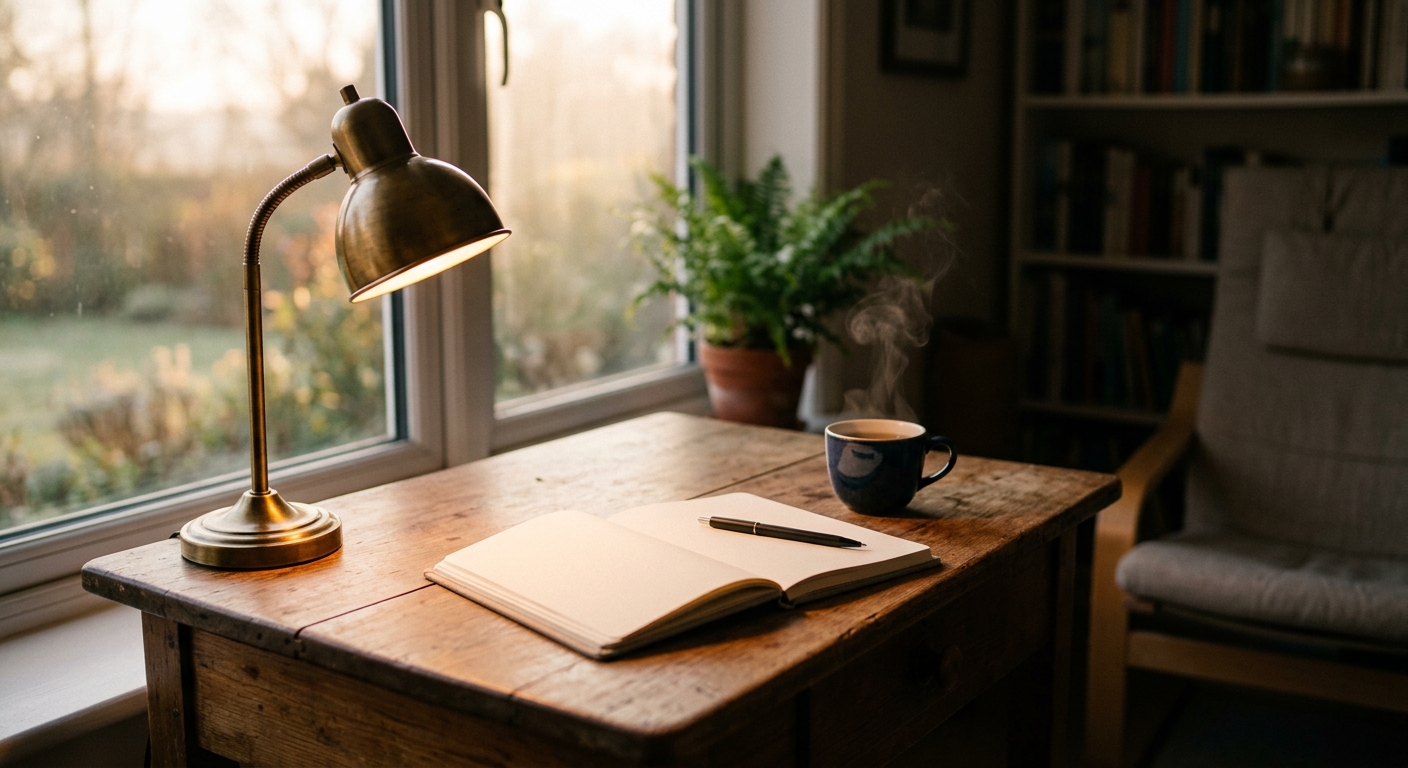 A small desk with a notebook open to a blank page, a pen resting diagonally, a s