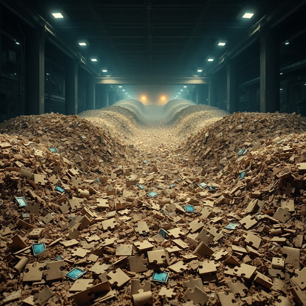 A vast recycling facility conveyor with mixed cardboard puzzle pieces and embedd