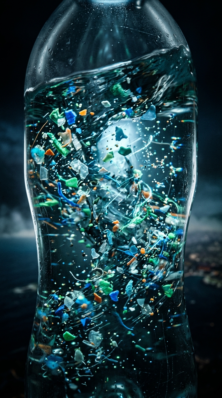 Dramatic macro shot of microplastic particles and dissolved ions swirling in wat