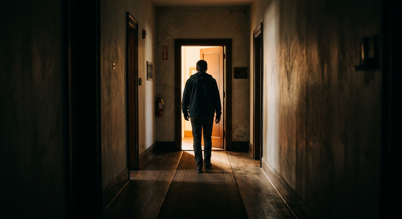 An anonymous figure seen from behind walking down a dim hallway toward a slightl