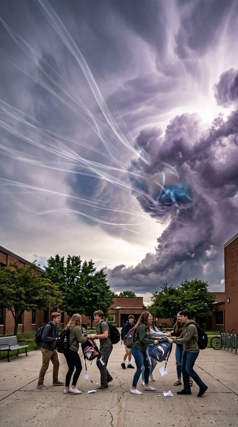Wide vertical view of a school courtyard where students casually tug and tear ba