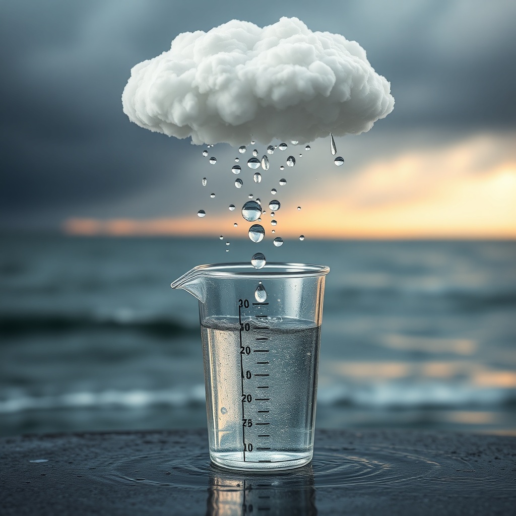A close-up of a rain cloud releasing thick raindrops into a transparent measurin