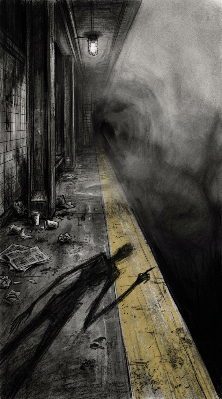Dark charcoal horror illustration of a subway platform edge with the yellow safe